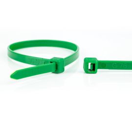 De sluiting van een groene kunststof kabelbinder uitvergroot, naast de kop van een groene kabelbinder, op een witte achtergrond.;Een groene kunststof kabelbinder voor universeel gebruik, en een groene kabelbinderkop, op een witte achtergrond.