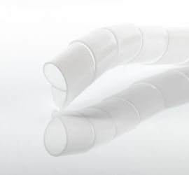 Een naturel spiraalband, uitvergroot, op een witte achtergrond.;Een zwarte spiraalband met kabels er doorheen gevoerd, om een profiel gebonden.