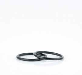 ;Twee zwarte Jacob O-ringen, met metrisch schroefdraad, op een witte achtergrond.