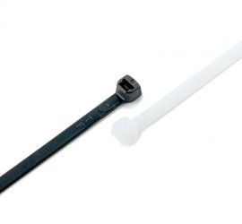 Een naturel en zwart gekleurde Ty-Fast® kabelbinder op een witte achtergrond.