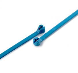;;;Twee blauwe detecteerbare Ty-Rap® kunststof kabelbinders met metaalpigmenten.