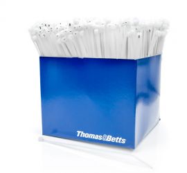 Een blauwe werkbankbox, gevuld met naturel gekleurde Ty-Rap® kunststof kabelbinders, op een witte achtergrond.