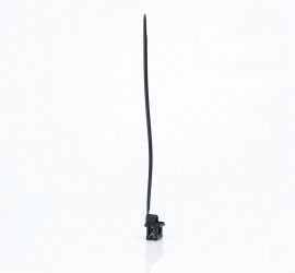 Een zwarte KC17 'edge clip' bevestigingsclip met een zwarte kabelbinder bevestigd op de bovenkant van de edge clip, op een witte achtergrond.;Een zwarte KC17 'edge clip' bevestigingsclip met een kabelbinder aan de bovenkant bevestigd, die in een lus terug