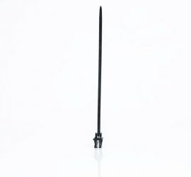 Een zwarte KC19 'edge clip' bevestigingsclip met een zwarte kabelbinder bevestigd aan de bovenkant van de edge clip, op een witte achtergrond.;Een zwarte KC19 'edge clip' bevestigingsclip met een kabelbinder aan de bovenkant bevestigd, die in een lus teru