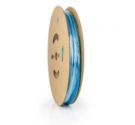 Een rol blauwe dunwandige krimpkous, H-2(3X), 50 meter, van het merk Hongshang.;Een lengtestuk blauwe dunwandige krimpkous, H-2(3X), van het merk Hongshang, op een witte achtergrond.