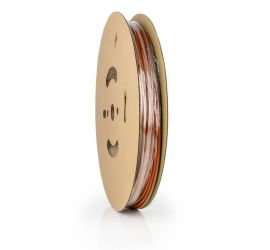 Een lengtestuk bruine dunwandige krimpkous, H-2(3X), van het merk Hongshang, op een witte achtergrond.;Een rol bruine dunwandige krimpkous, H-2(3X), 150 meter, van het merk Hongshang.