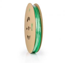 Een lengtestuk groene dunwandige krimpkous, H-2(3X), van het merk Hongshang, op een witte achtergrond.;Een rol groene dunwandige krimpkous, H-2(3X), 50 meter, van het merk Hongshang.