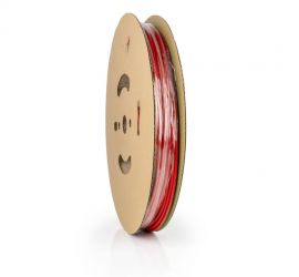 Een rol rode dunwandige krimpkous, H-2(3X), 150 meter, van het merk Hongshang.;Een lengtestuk rode dunwandige krimpkous, H-2(3X), van het merk Hongshang, op een witte achtergrond.