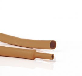 Een lengtestuk bruine dunwandige krimpkous, H-2(Z), van het merk Hongshang, op een witte achtergrond.;Een rol bruine dunwandige krimpkous, H-2(Z), 150 meter, van het merk Hongshang.