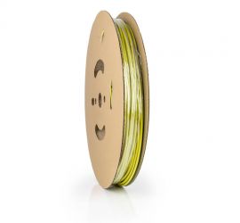 Een lengtestuk gele dunwandige krimpkous, H-5(3X)-F, van het merk Hongshang, op een witte achtergrond.;Een rol gele dunwandige krimpkous, H-5(3X)-F, 150 meter, van het merk Hongshang.