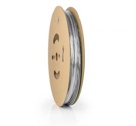 Een rol grijze dunwandige krimpkous, H-5(3X)-F, 150 meter, van het merk Hongshang.;Een lengtestuk grijze dunwandige krimpkous, H-5(3X)-F, van het merk Hongshang, op een witte achtergrond.