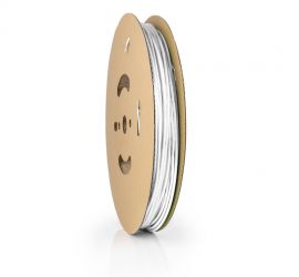 Een lengtestuk witte dunwandige krimpkous, H-5(3X)-F, van het merk Hongshang, op een witte achtergrond.;Een rol witte dunwandige krimpkous, H-5(3X)-F, 150 meter, van het merk Hongshang.