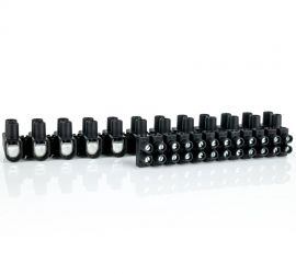 Een zwarte kroonstrip, met een kabel met losse stroomdraden die aangesloten zijn op de kroonstrip, op een witte achtergrond.;Een verpakking met zwarte kroonstrips.;Twee zwarte kroonstrips, één van de zijkant afgebeeld en één van boven afgebeeld, op een wi