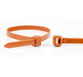 Een bruine kunststof kabelbinder voor universeel gebruik, en een bruine kabelbinderkop, op een witte achtergrond.;De sluiting van een bruine kunststof kabelbinder uitvergroot, naast de kop van een bruine kabelbinder, op een witte achtergrond.