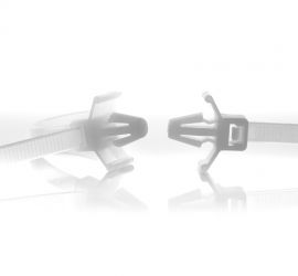 Technische tekening van twee typen kabelbinders met spreidanker.;Twee naturel kunststof kabelbinders met spreidanker, type 1. Eén van voren afgebeeld, één van de zijkant afgebeeld.;