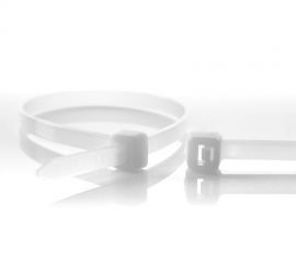 De sluiting van een naturel hersluitbare kunststof kabelbinder uitvergroot, naast een uitvergrote kop van een andere kabelbinder.;Technische tekeningen van hersluitbare kabelbinders met een breedte tot en met 4,8 mm en een breedte van 7,6 mm, met uitleg v