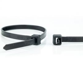 Een hersluitbare zwarte kunststof kabelbinder, naast een uitvergrote sluiting van een andere zwarte hersluitbare kabelbinder.;;Technische tekeningen van hersluitbare kabelbinders met een breedte tot en met 4,8 mm en een breedte van 7,6 mm, met uitleg van 