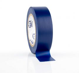 Een rol blauwe PVC tape, 10 meter, met een stukje uitgerold en op het oppervlak geplakt, op een witte achtergrond.
